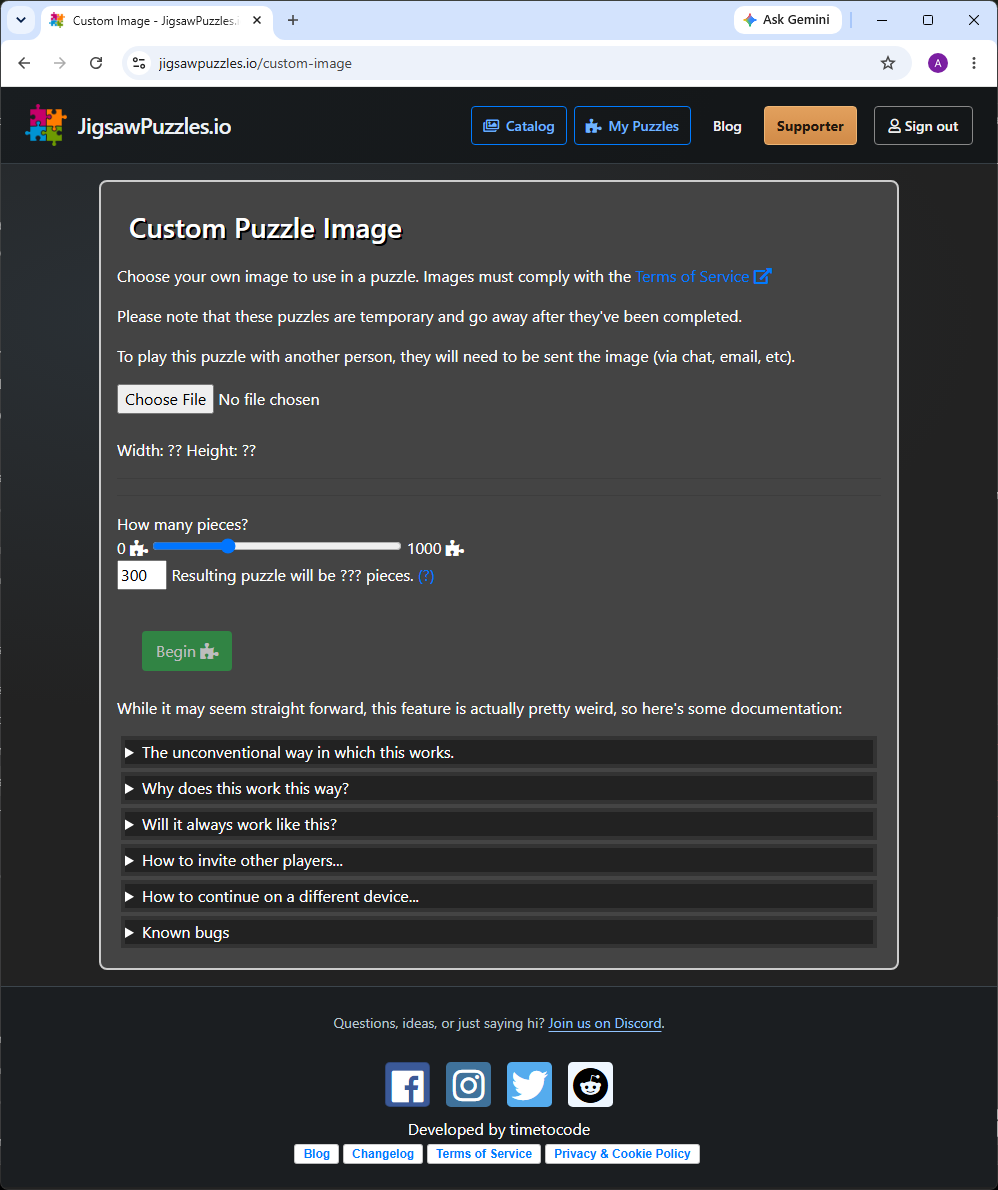 The custom puzzle setup form, showing the file chooser, piece count and Begin button before an image is selected.