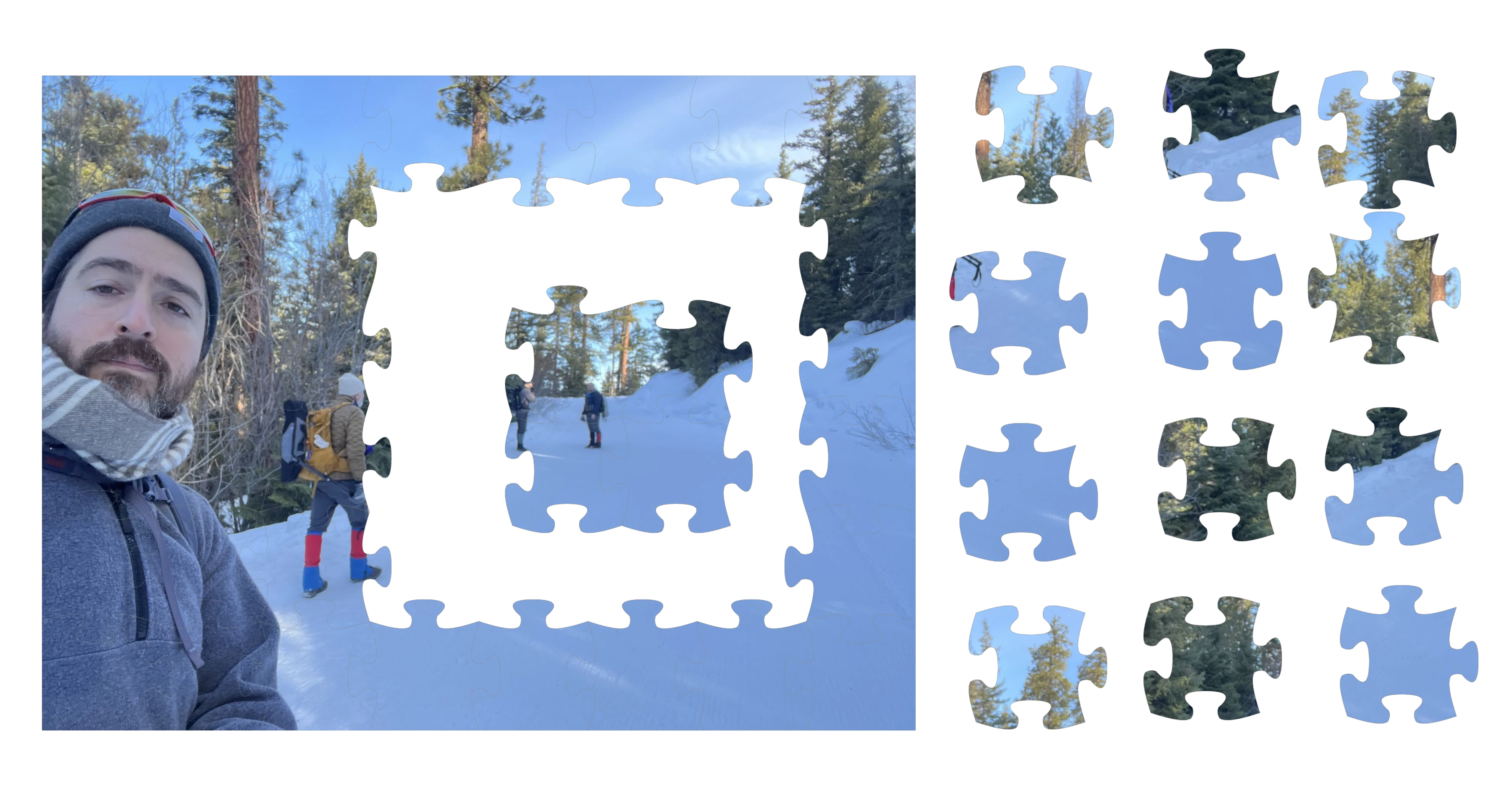 The snowshoeing photograph partly assembled as a jigsaw puzzle, with loose pieces arranged beside it.