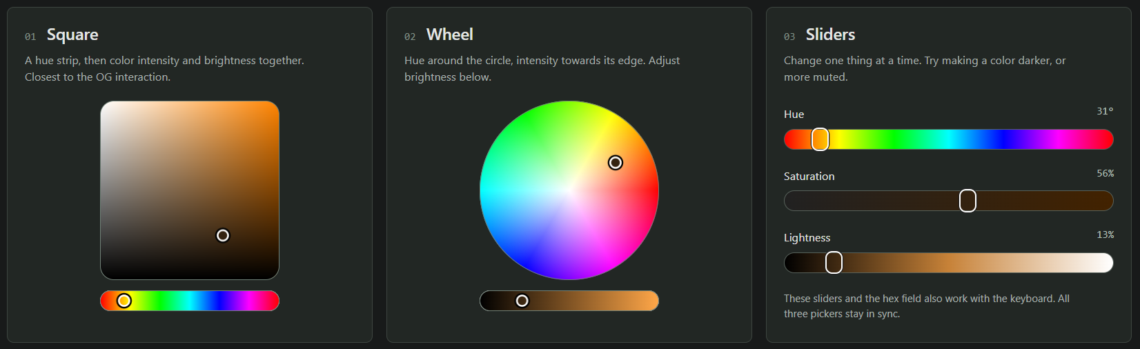 The Square, Wheel and Sliders color pickers shown side by side.