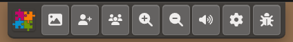 The compact game menu using icons for Preview, Invite, Players, zoom, sound, Settings and bug reports, without FPS or latency counters.