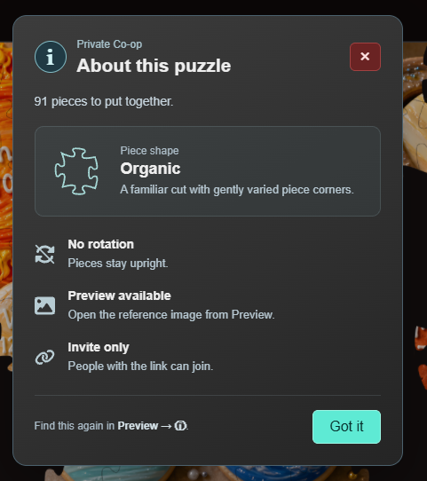 About this puzzle: a private cooperative puzzle with 91 Organic pieces, no rotation, an available preview and invitation-only access.