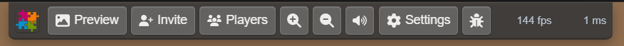 The labeled game menu with Preview, Invite, Players and Settings, plus FPS and latency counters at the right.