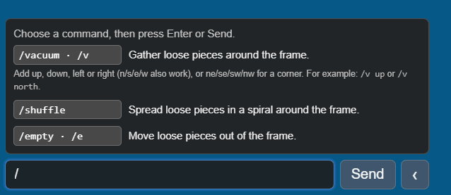 Chat command suggestions after typing a forward slash: vacuum and its direction options, shuffle, and empty, with short aliases and a Send button.
