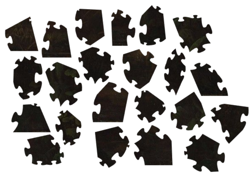A spread of dark brown and olive-green puzzle pieces, with small variations in texture and color.