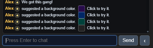 The playtest chat shows Alex's suggested background colors, each with a swatch and a Click to try it prompt.