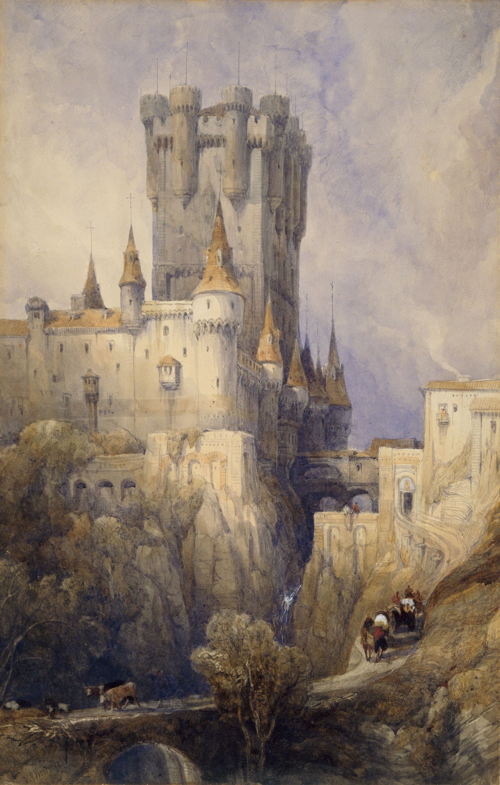 Painting of a tall stone castle above a winding road and bridge.
