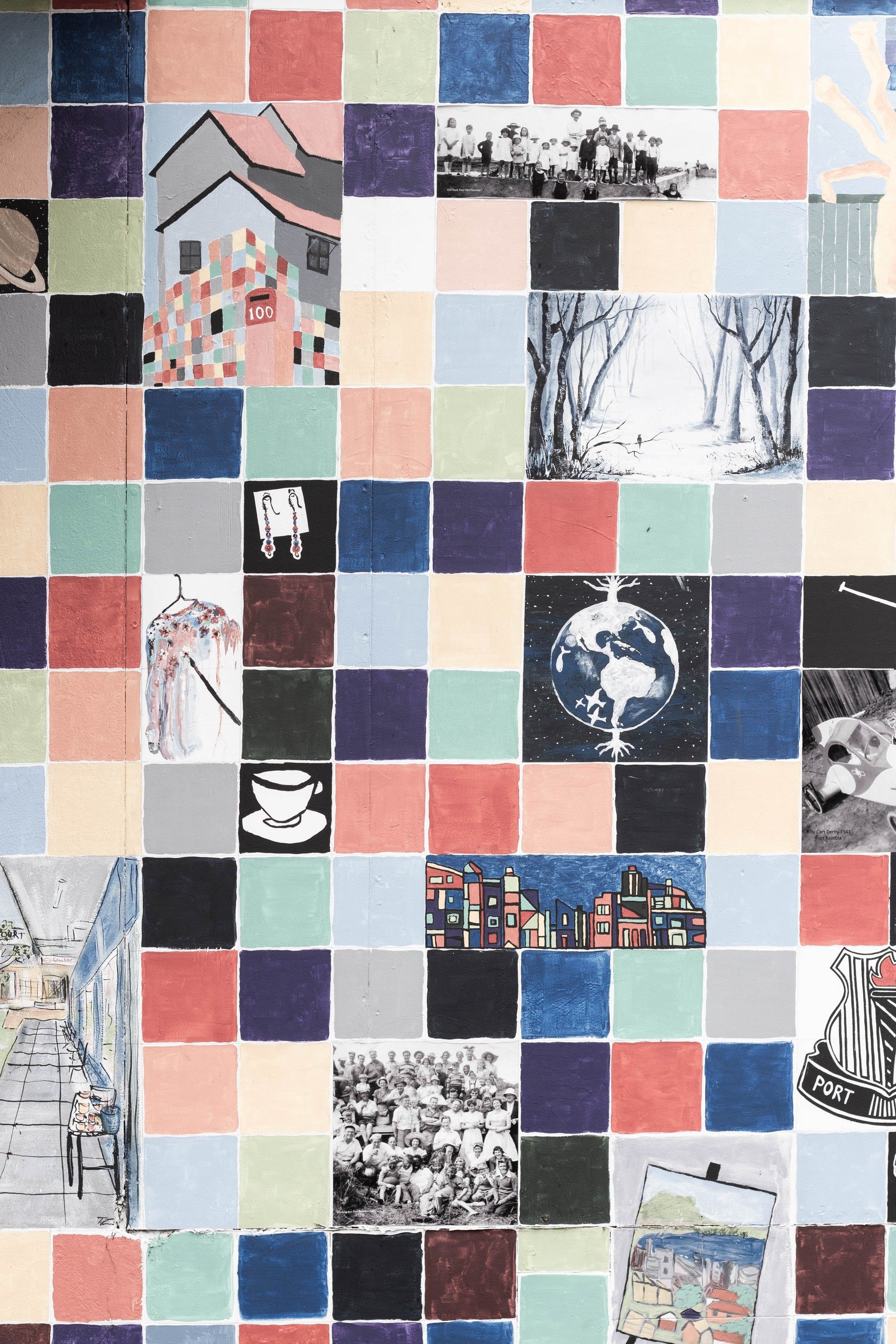Collage of photographs and drawings arranged among pastel-colored squares.