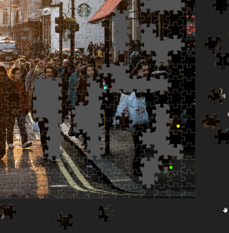 An animated recording of players working on a puzzle in one of the old JigsawPuzzles.io lobbies.